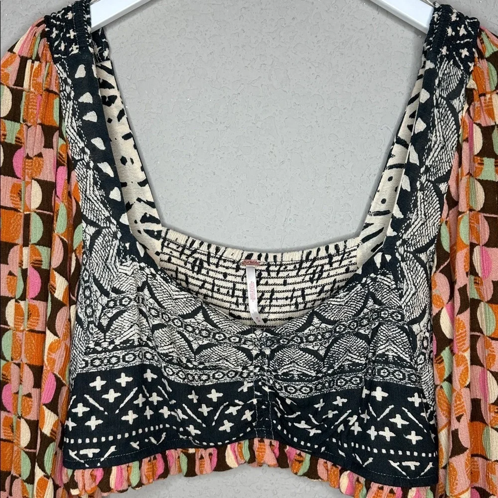 Free People Naomi Printed Smocked‎ Puff Sleeve Boho Endless Summer Cropped Top M